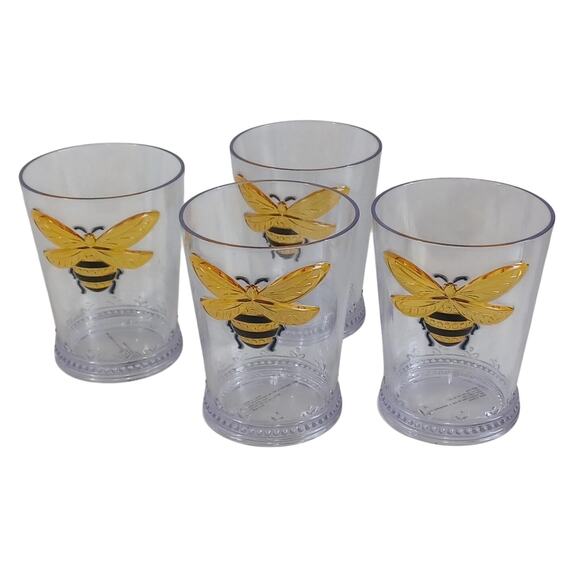 Soho Loft Gold Bee Clear Acrylic Glasses 15oz Indoor Outdoor Tumblers Set of 4 - Picture 1 of 13